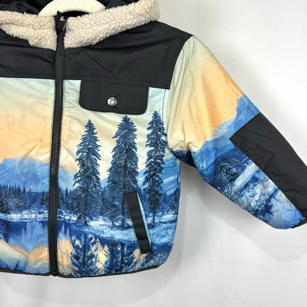 Old Navy Reversible Puffer Sherpa Jacket Toddler Sz 3T Outdoorsy Print Cozy Warm